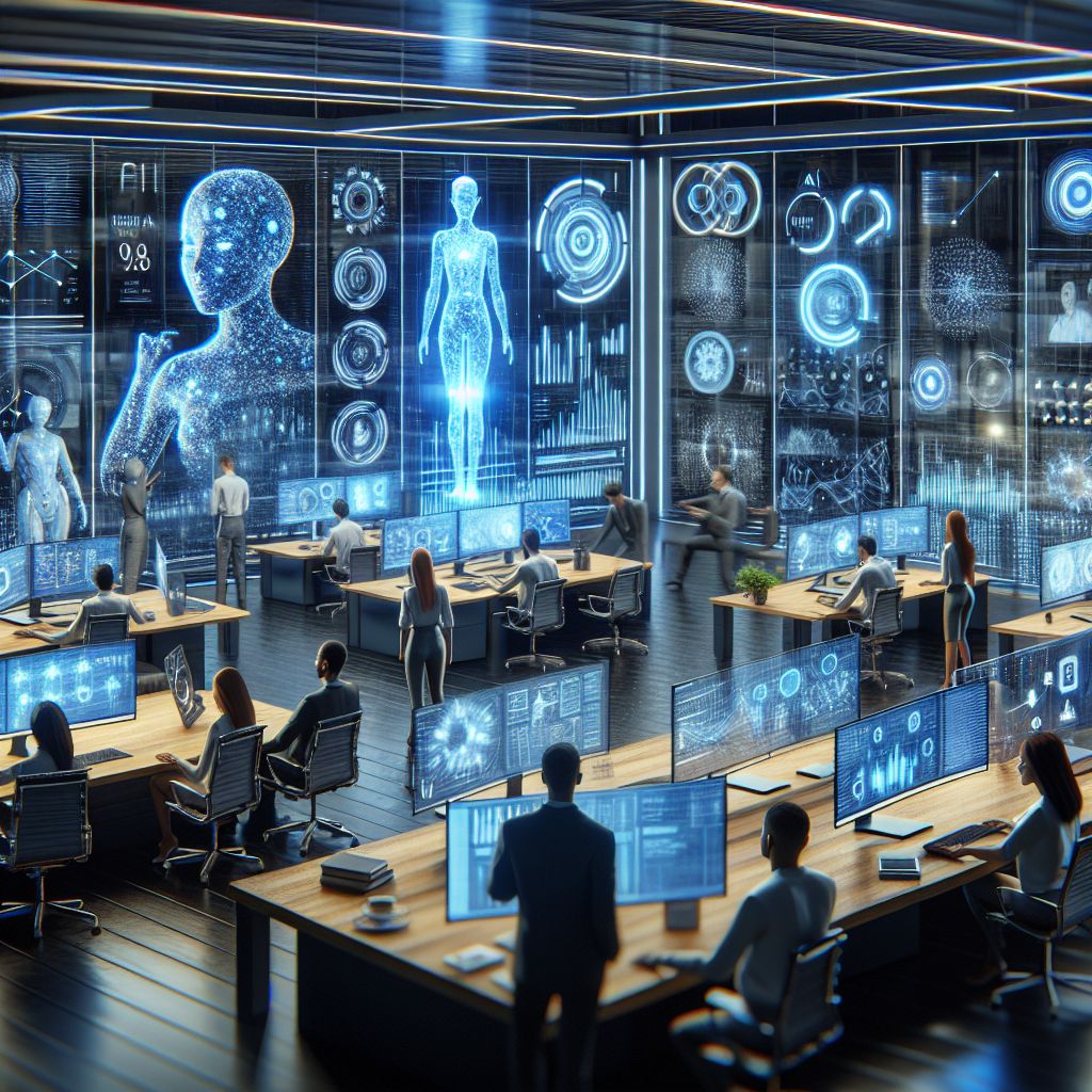 A futuristic marketing office with AI technologies at work, showcasing data analysis on screens and virtual assistants interacting with team members