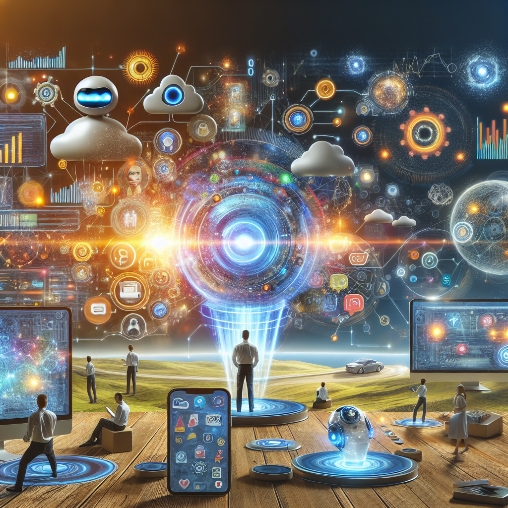 A vibrant digital landscape showcasing various AI tools being used for marketing strategies, featuring elements like chatbots, personalized ads, and predictive analytics dashboards.