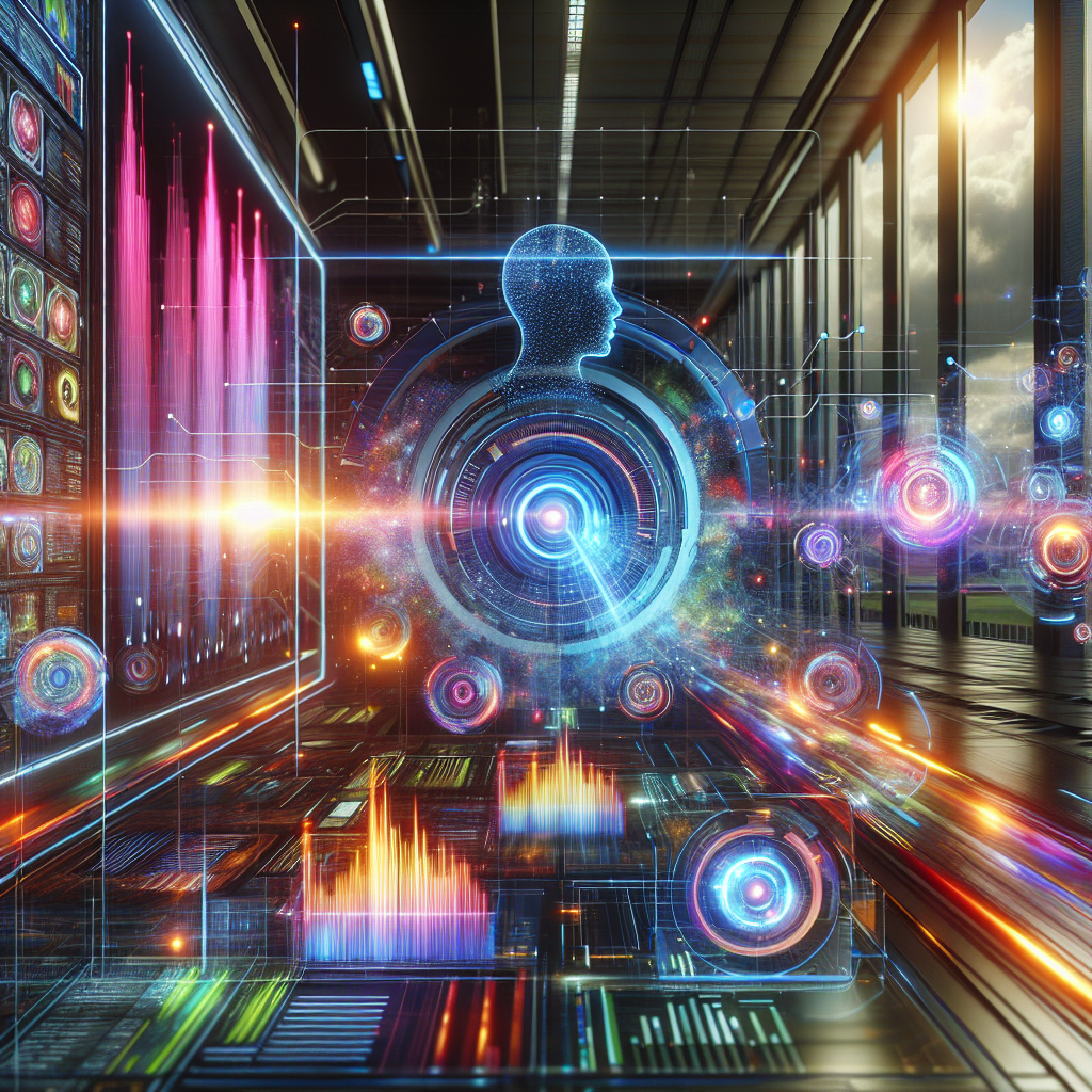 A futuristic digital marketing scene showcasing AI technology analyzing data streams with vibrant visuals