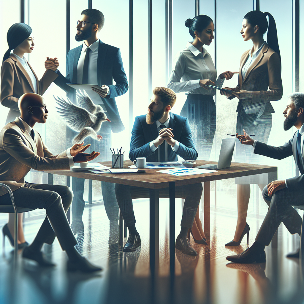 A diverse group of executives engaged in a dynamic leadership training session, showcasing teamwork and collaboration