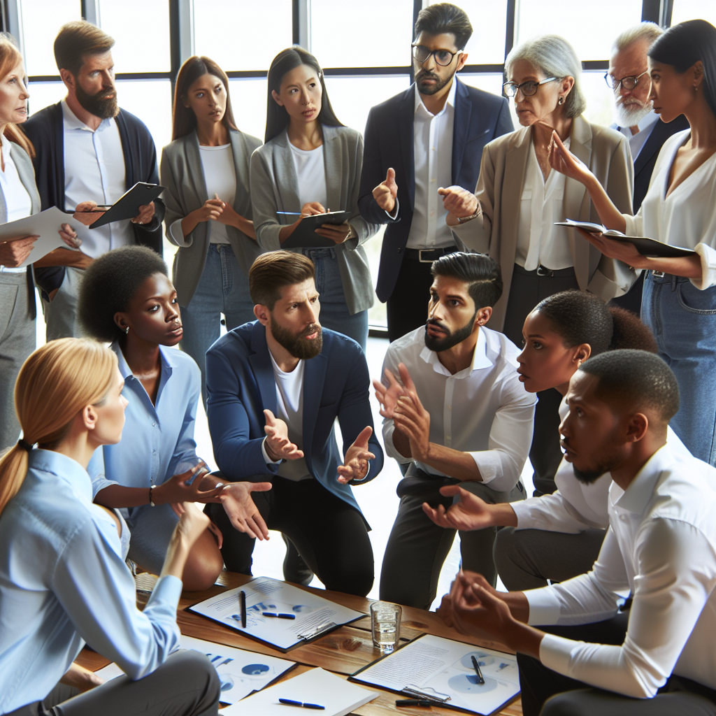 A dynamic workshop setting where diverse leaders engage in conflict resolution training, showcasing teamwork and collaboration