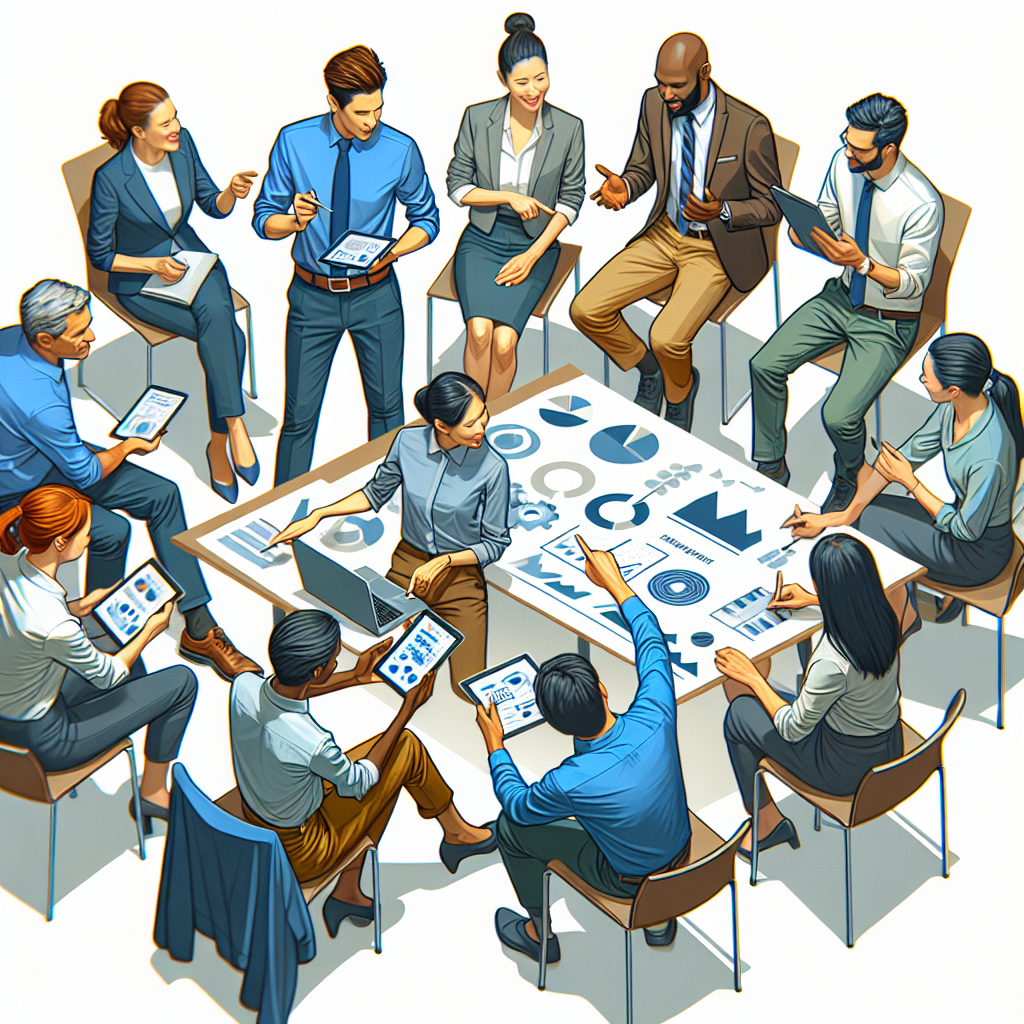 A diverse group of professionals engaging in an interactive leadership workshop
