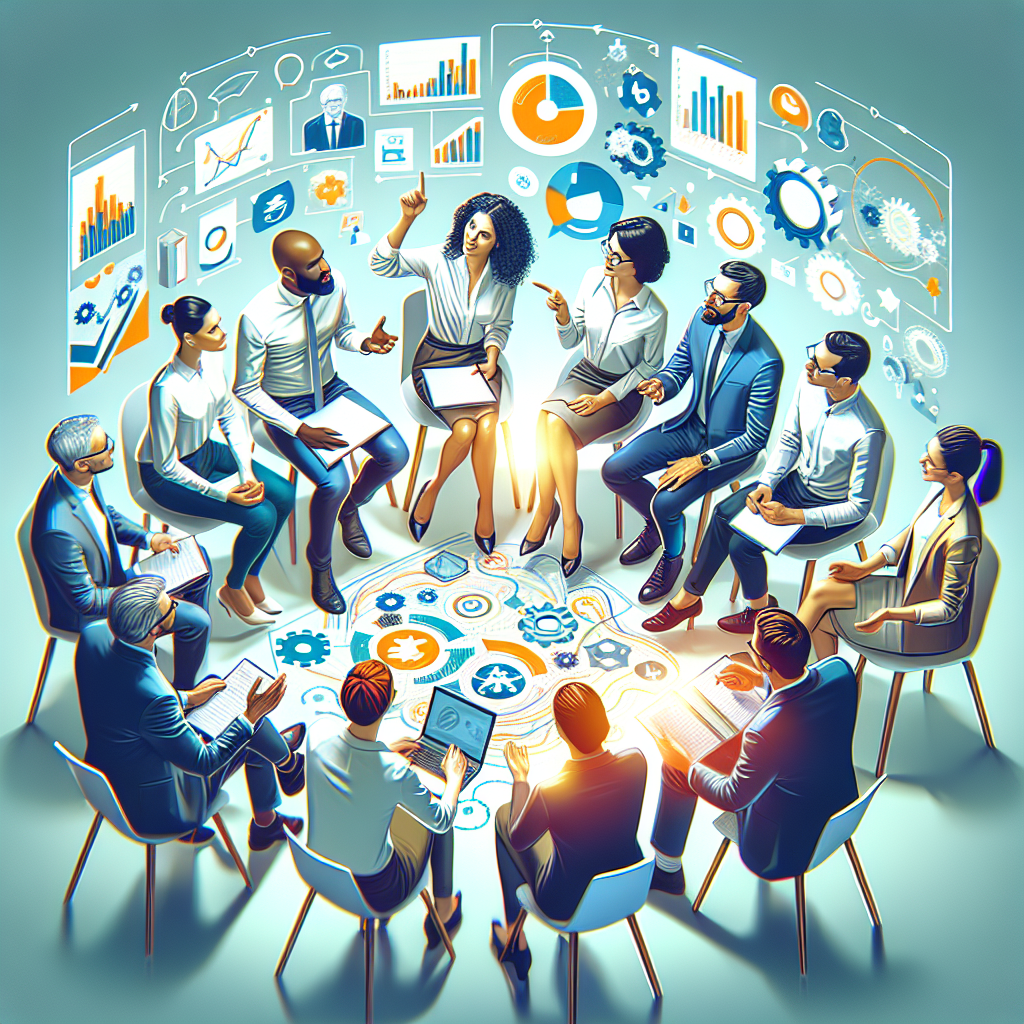 A diverse group of professionals engaged in an interactive group coaching session, collaborating enthusiastically with visual aids like charts and whiteboards