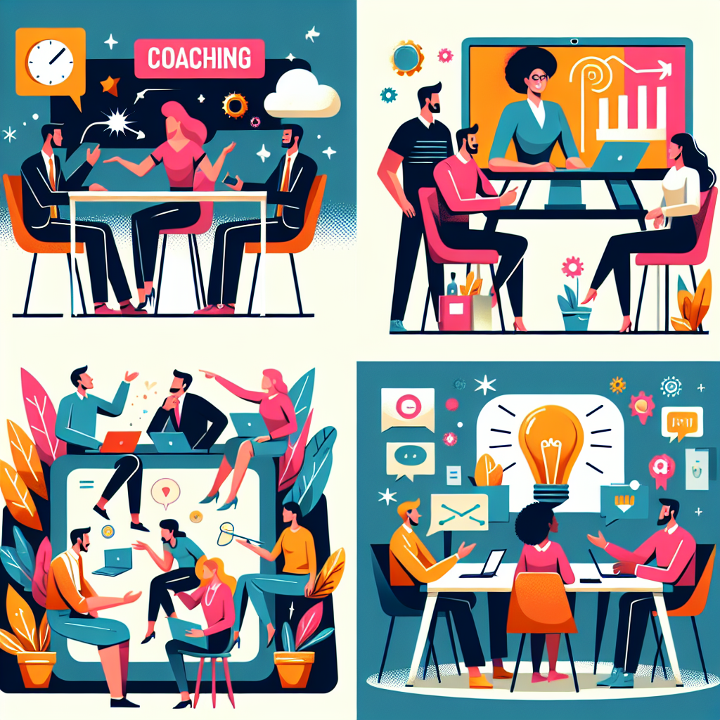 A vibrant illustration depicting various group coaching formats including in-person meetings, virtual sessions on laptops, small intimate gatherings, and large workshops filled with energy.