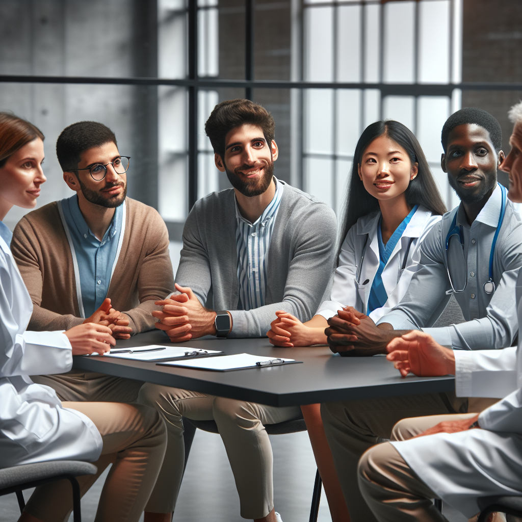 A diverse group of professionals engaged in an interactive group coaching session