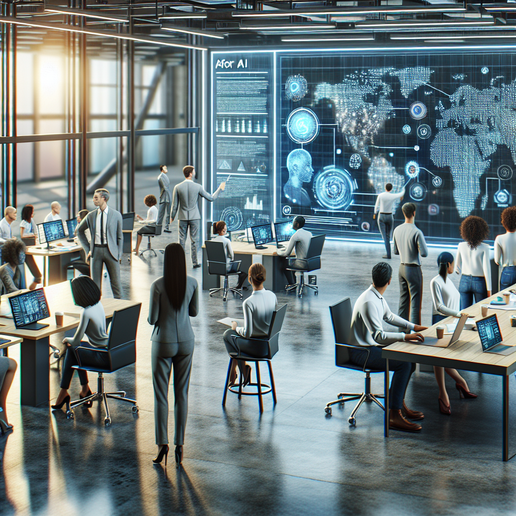 A futuristic office environment showcasing teams collaborating over AI technology implementation plans