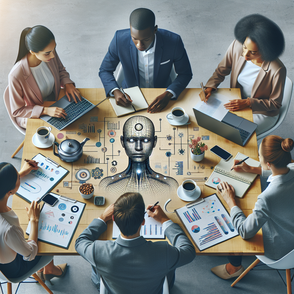A diverse team brainstorming around a table filled with charts, laptops, and coffee cups, depicting collaboration on an AI strategy
