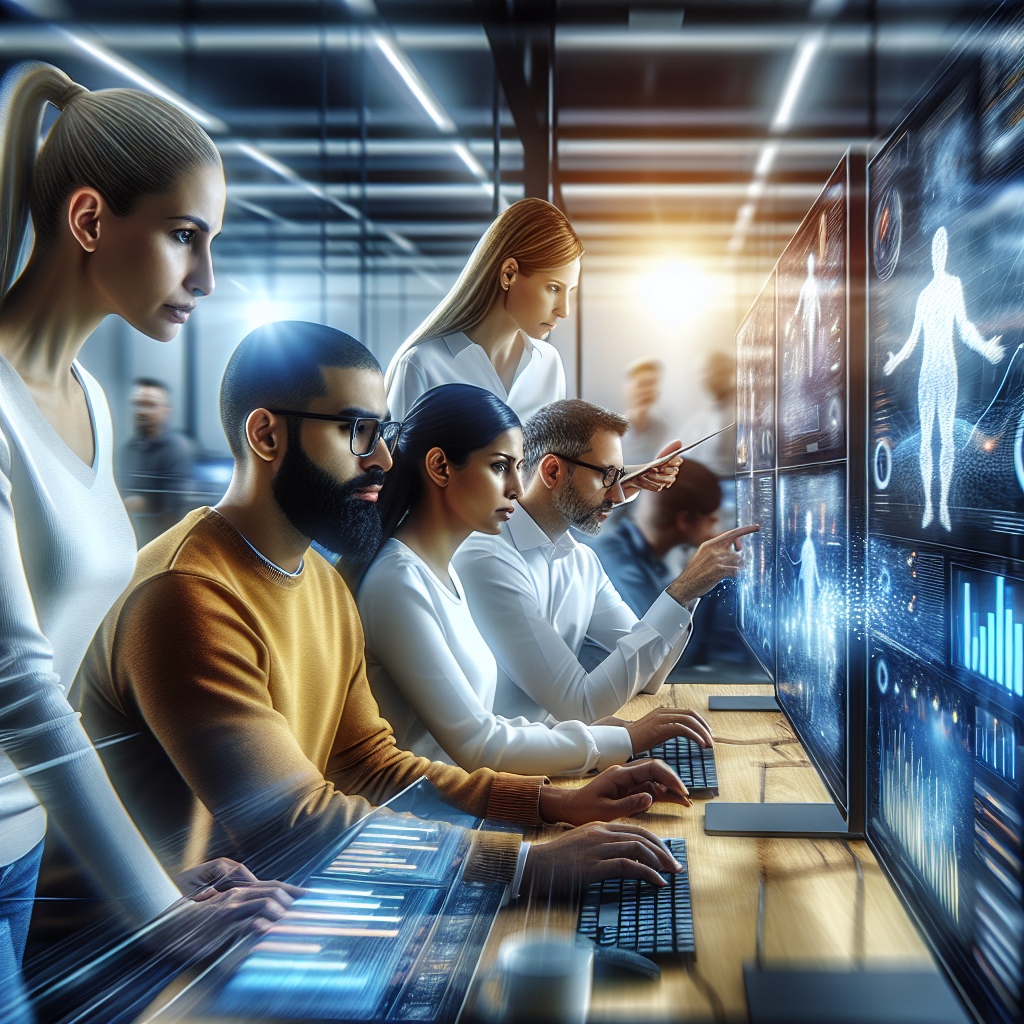 A diverse team collaborating on an AI project, analyzing data on screens with charts showing performance metrics