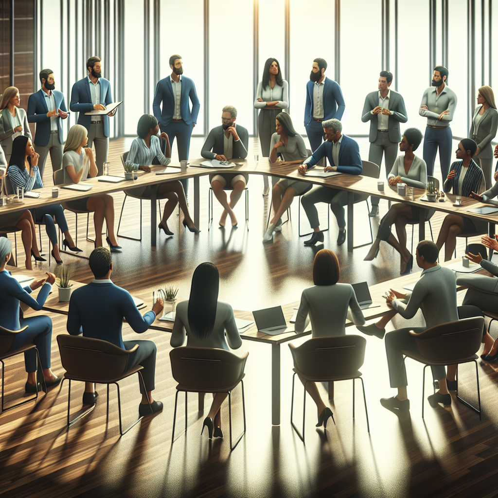 A diverse group of executives engaged in an interactive leadership workshop