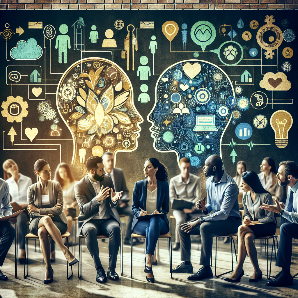 A diverse group of professionals engaged in a dynamic leadership coaching session with visual elements representing emotional intelligence and communication strategies.