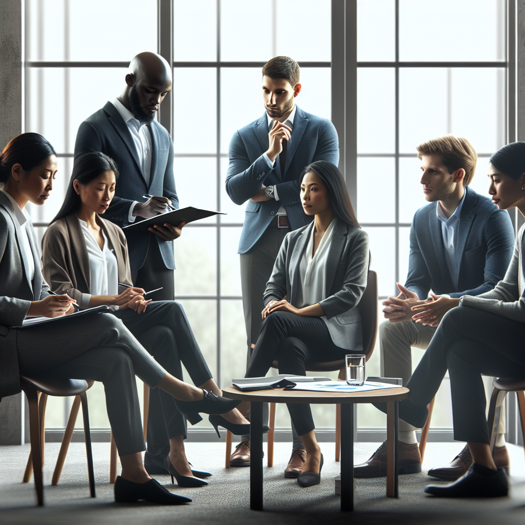A diverse group of executives engaged in a personalized coaching session, focusing on leadership development strategies