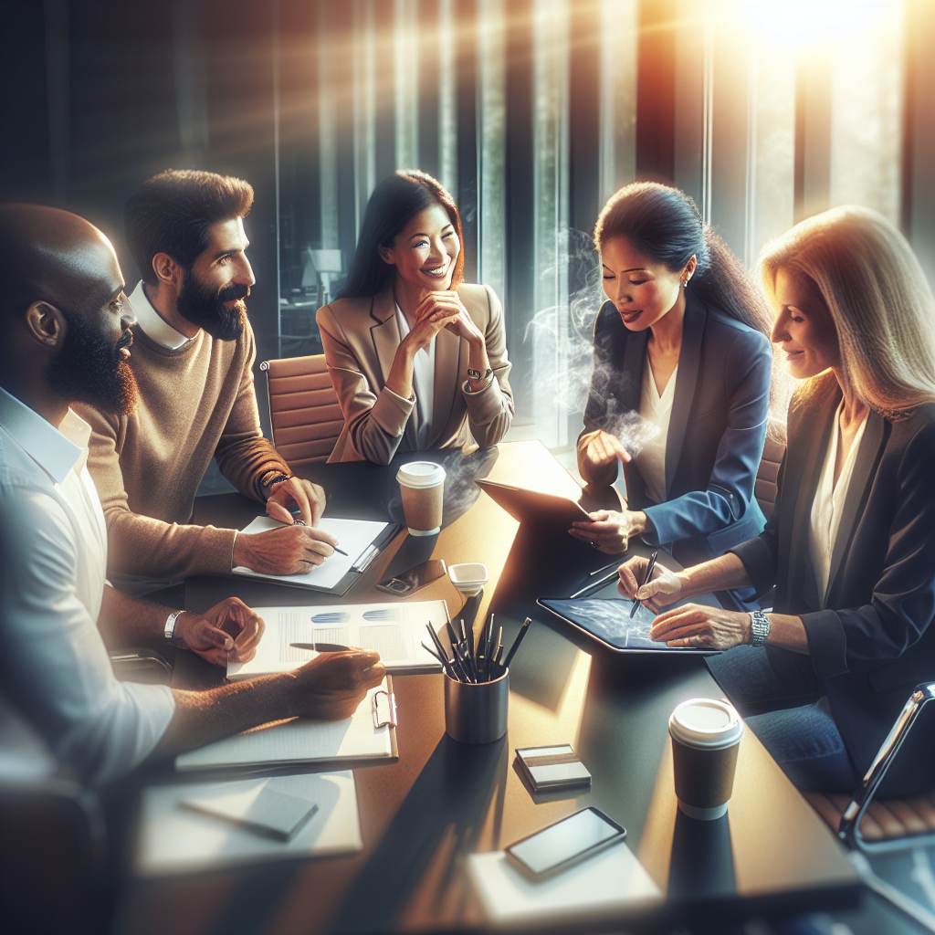 A diverse group of business leaders engaged in a dynamic coaching session