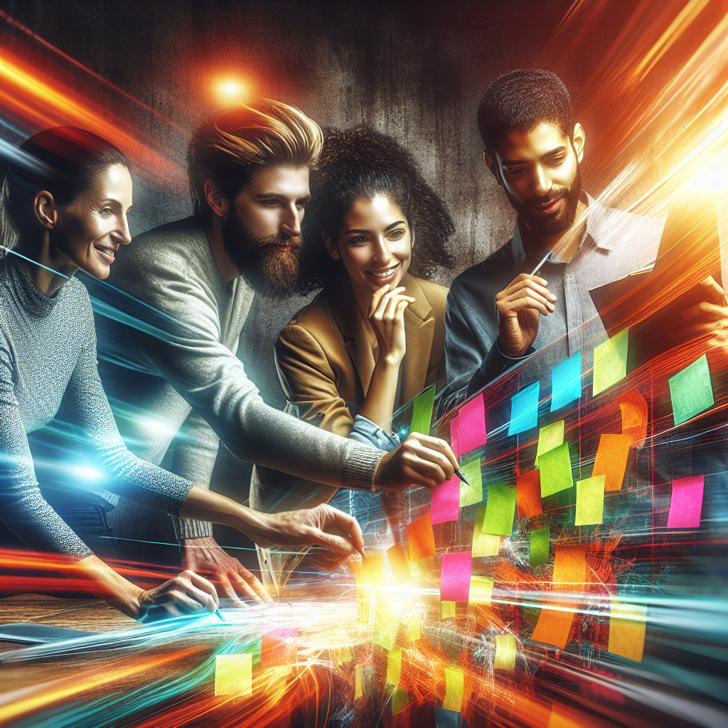 A diverse team brainstorming session with sticky notes on a wall, showcasing creativity and collaboration