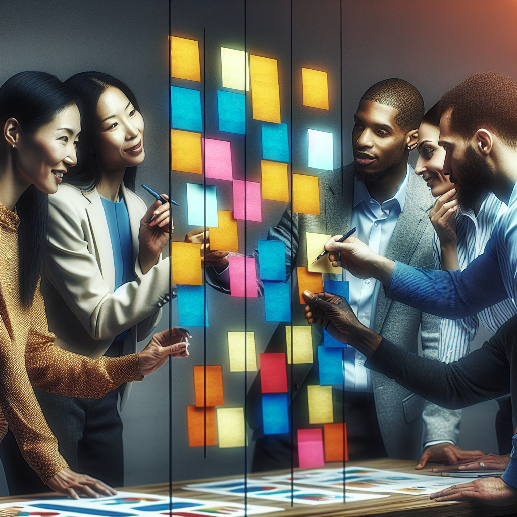 A diverse team collaborating on a project with post-it notes on a wall, symbolizing change management and leadership coaching