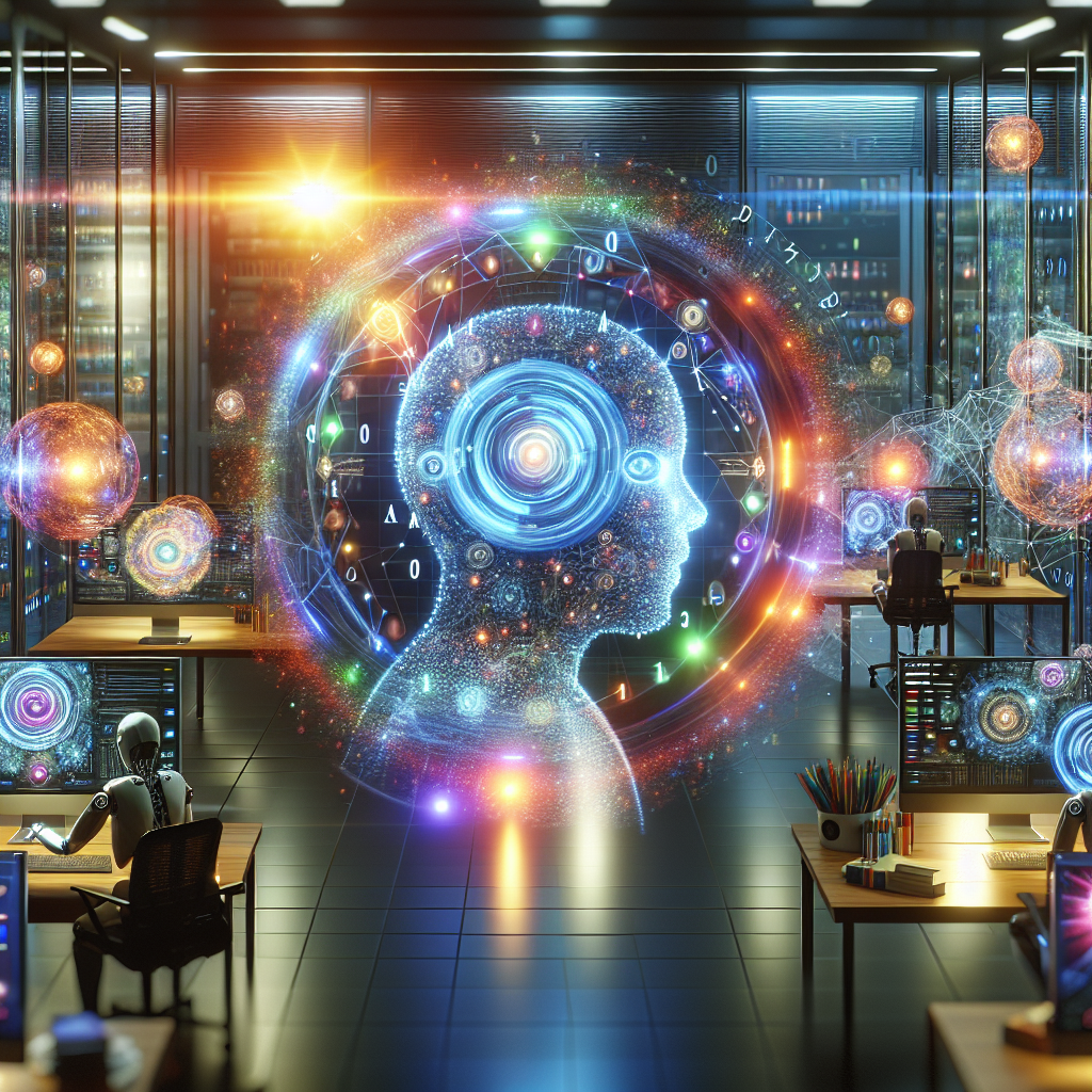 A futuristic digital marketing scene showcasing AI tools analyzing data and generating personalized content for diverse audiences