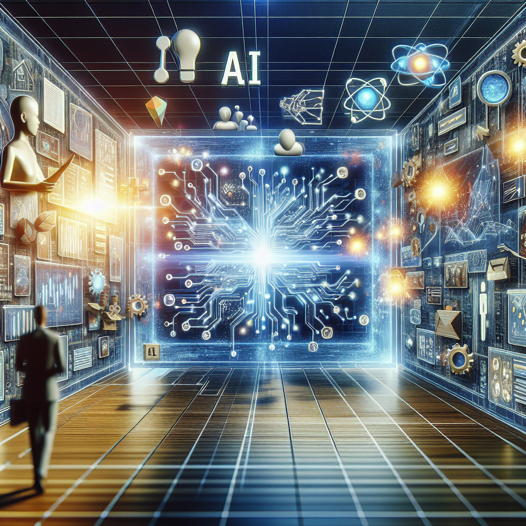 A futuristic digital marketing scene showcasing AI algorithms analyzing data for content optimization