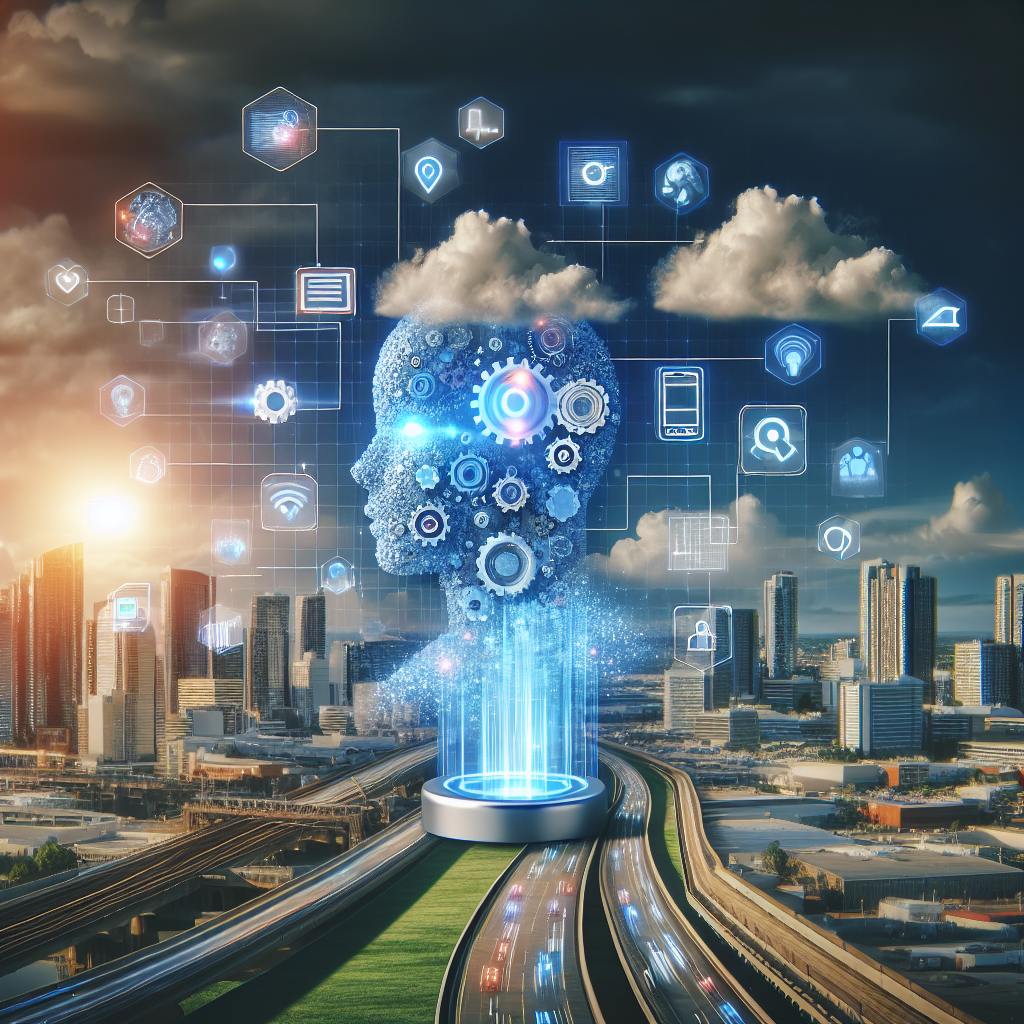 A futuristic digital marketing scene showcasing natural language processing technology at work, with visual elements representing AI analyzing customer data and generating personalized content