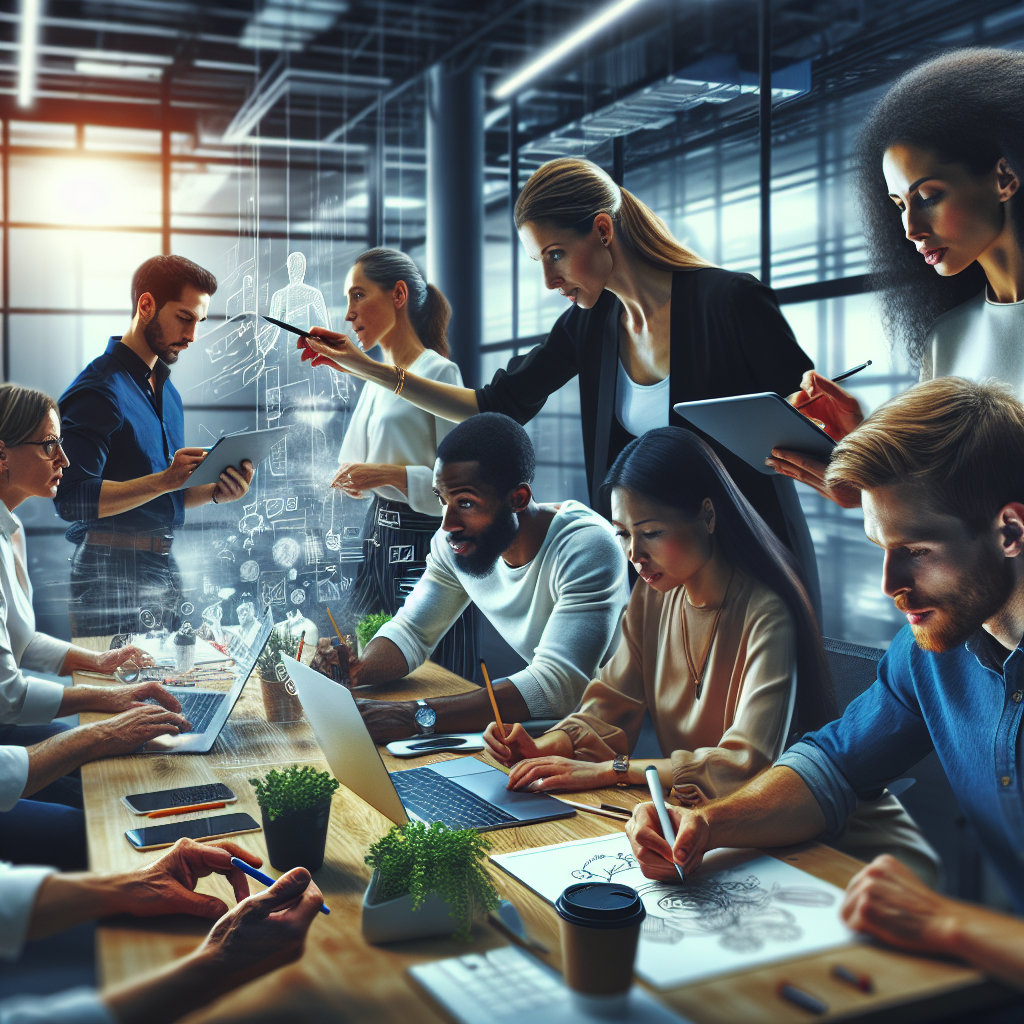 A dynamic team collaborating in an office space with digital tools showcasing agile methodologies