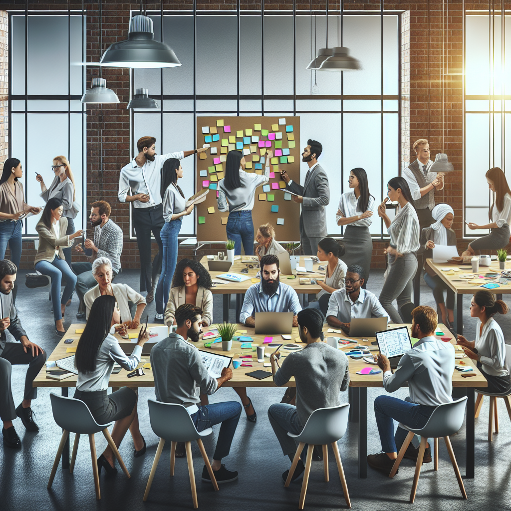 A dynamic office environment showcasing cross-functional teams collaborating on agile projects with sticky notes and digital tools