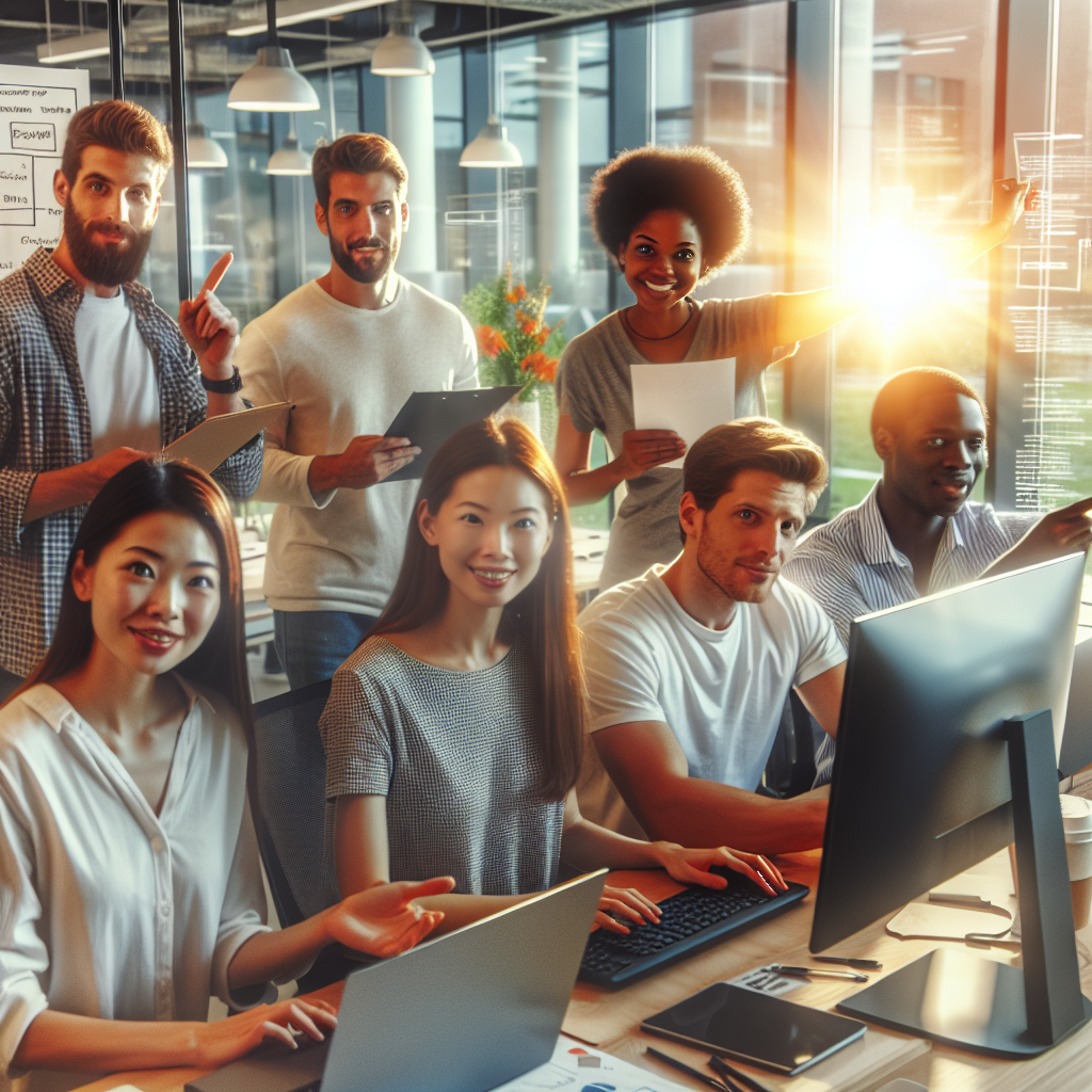 A dynamic team collaborating in an office space using digital tools for agile project management