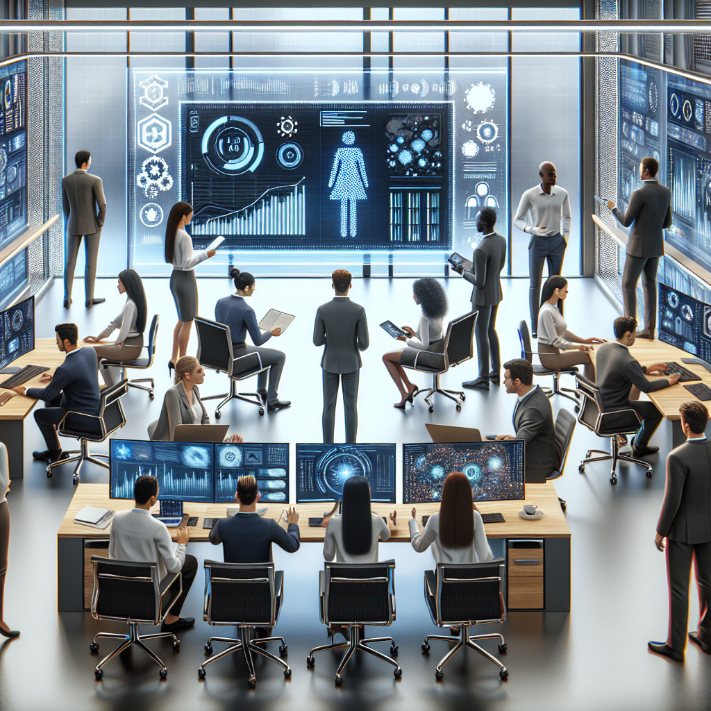 A futuristic office setting with diverse teams collaborating over AI technology, showcasing charts and data analytics on screens