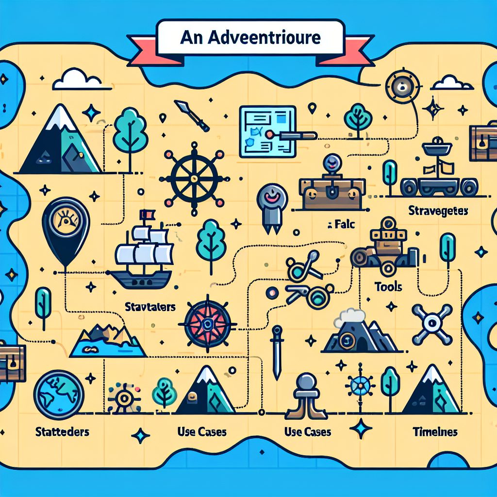 A detailed treasure map depicting an AI deployment journey with various landmarks such as stakeholders, use cases, tools, timelines