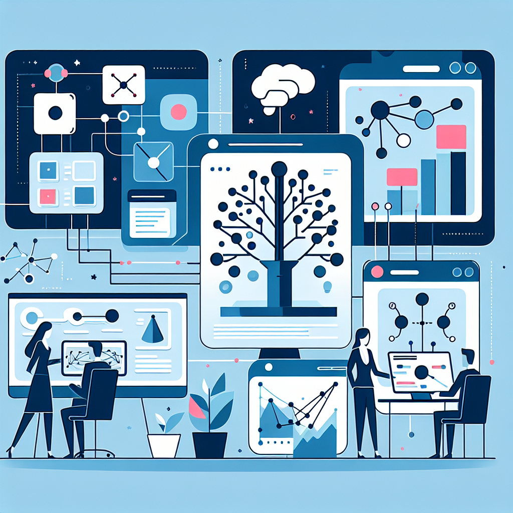 A visually engaging illustration depicting various machine learning models such as decision trees and neural networks in action within a corporate environment