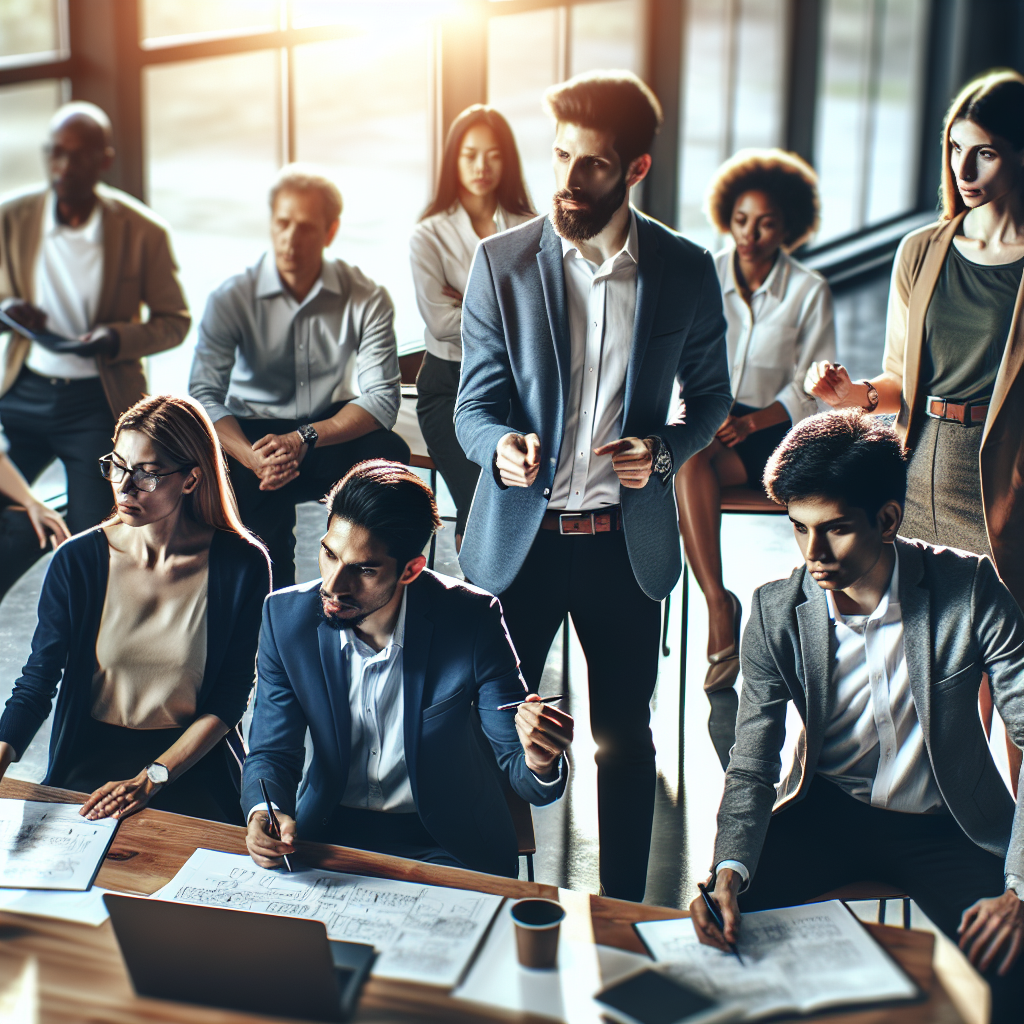 A group of diverse professionals engaged in a dynamic workshop on leadership skills development