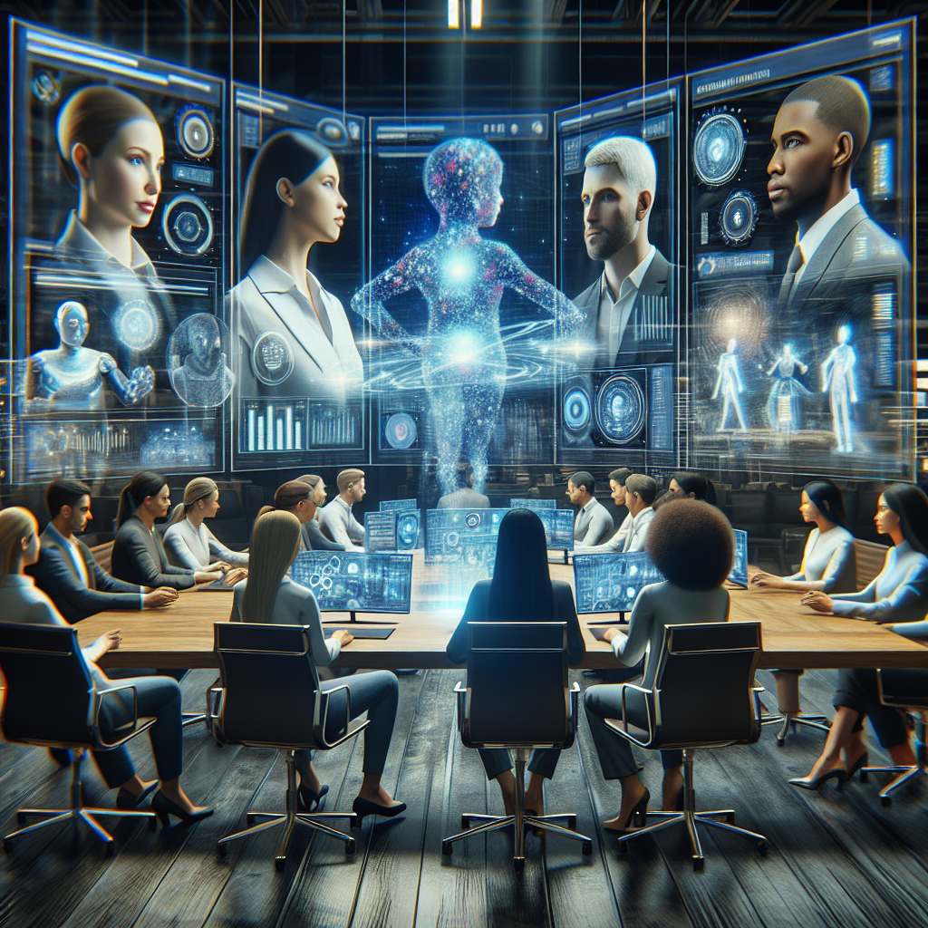 A futuristic office environment showcasing diverse leaders engaged in virtual coaching sessions with AI tools