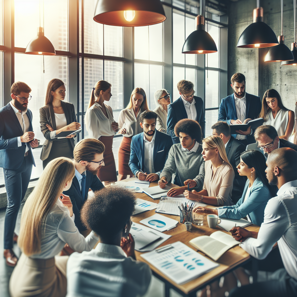 A diverse group of professionals engaged in a dynamic leadership training workshop, showcasing collaboration and learning