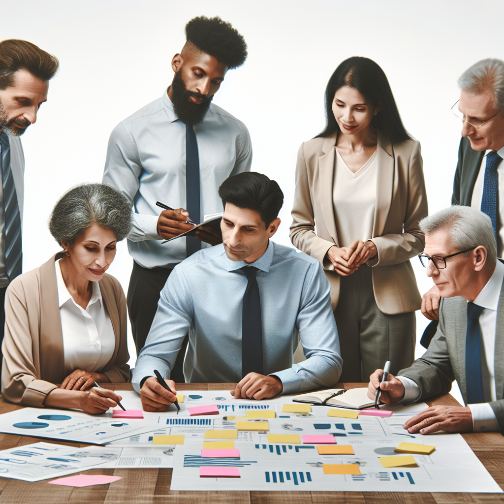 A group of diverse professionals engaged in a leadership training workshop, with charts and notes around them, showcasing collaboration