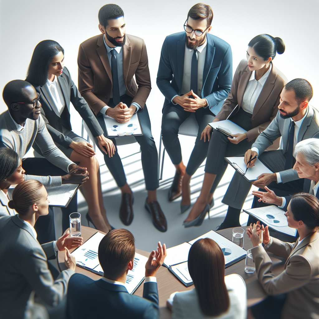 A diverse group of business leaders engaged in a lively discussion during a group coaching session