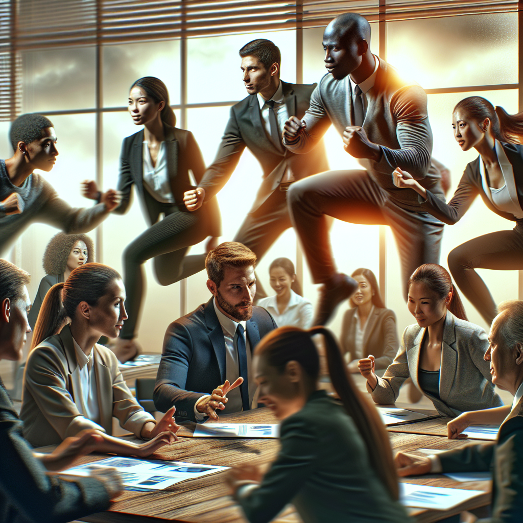 A diverse group of executives engaged in a dynamic workshop setting focused on personal development and productivity enhancement