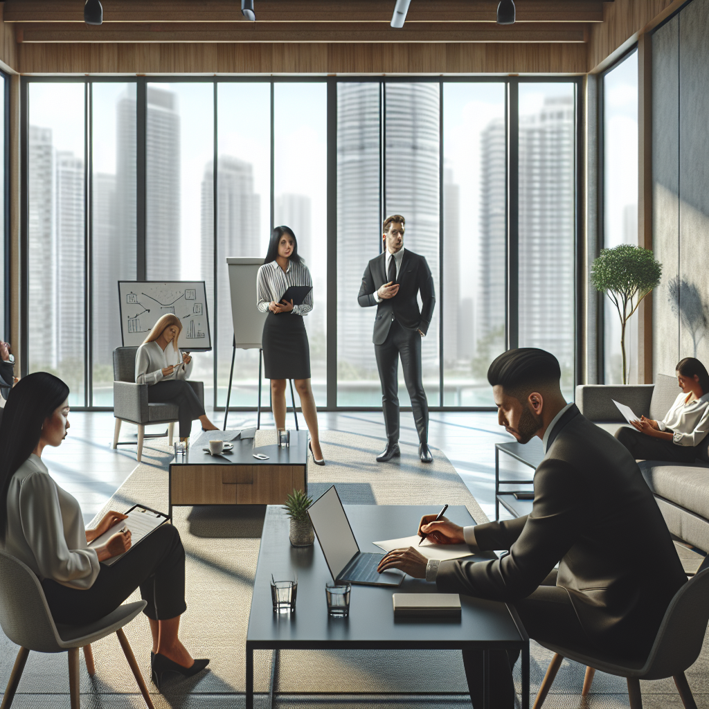 A modern corporate setting with diverse executives engaged in a coaching session