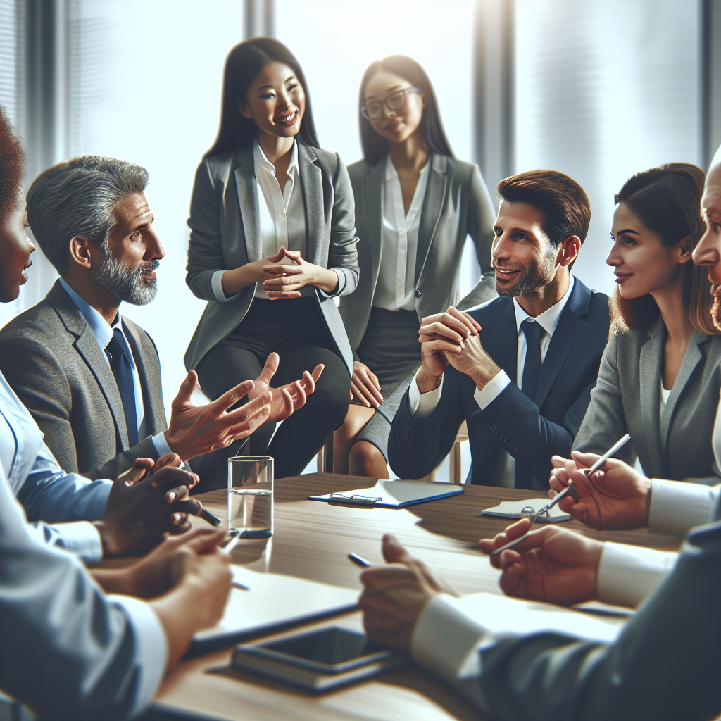 A diverse group of executives engaged in an interactive coaching session with a mentor, showcasing collaboration and personalized learning.