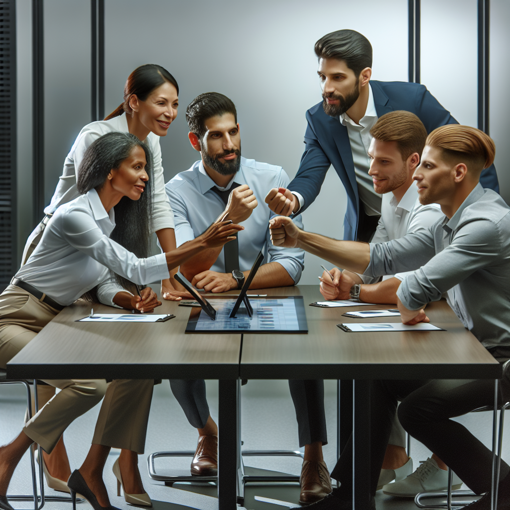 A diverse group of executives engaged in an interactive leadership training session