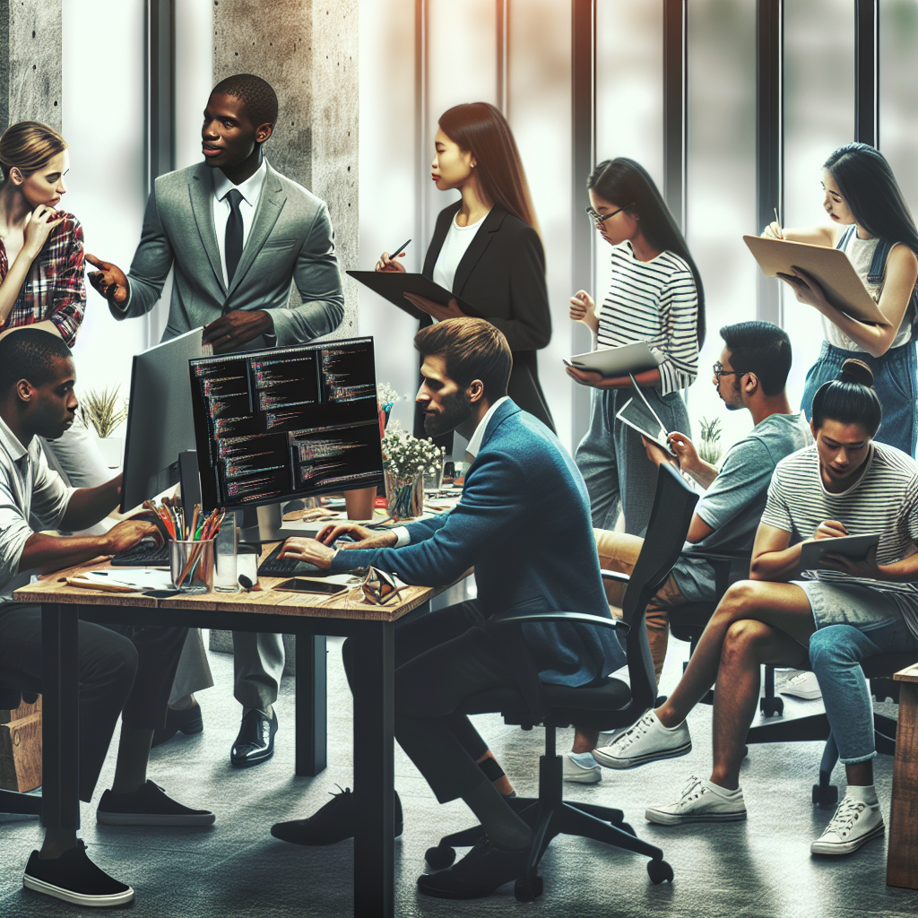 A vibrant office environment showcasing diverse teams collaborating on agile project management techniques