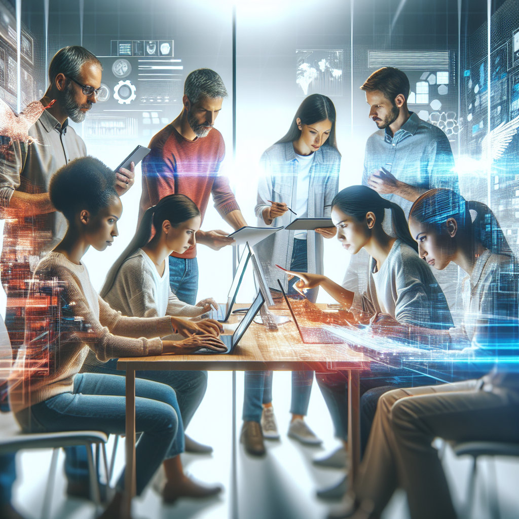 A diverse team collaborating in an agile workspace with digital tools