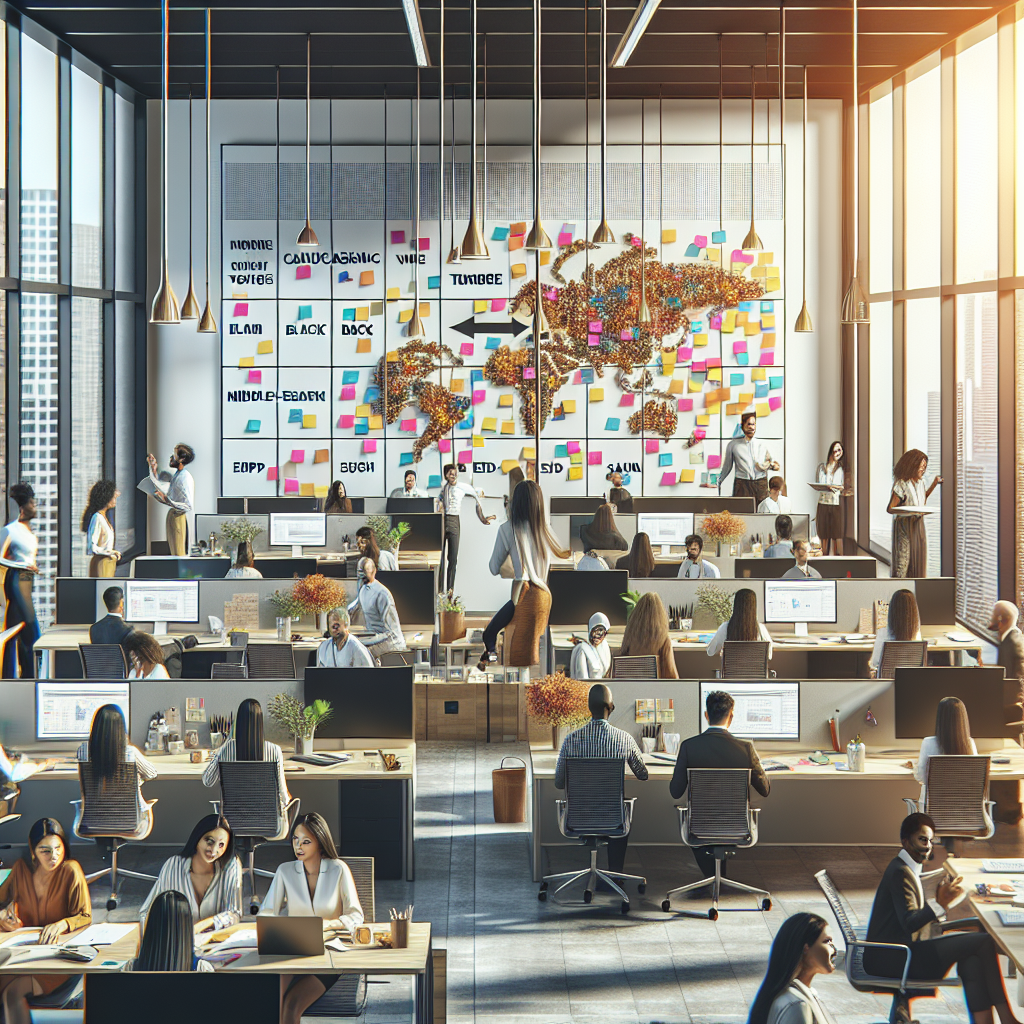 A vibrant office space showcasing diverse teams collaborating using agile methodologies with sticky notes and digital tools