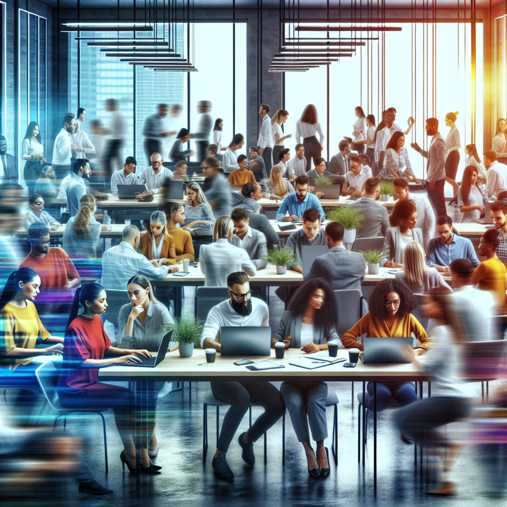A vibrant office space with diverse teams collaborating on agile projects, showcasing teamwork and innovation