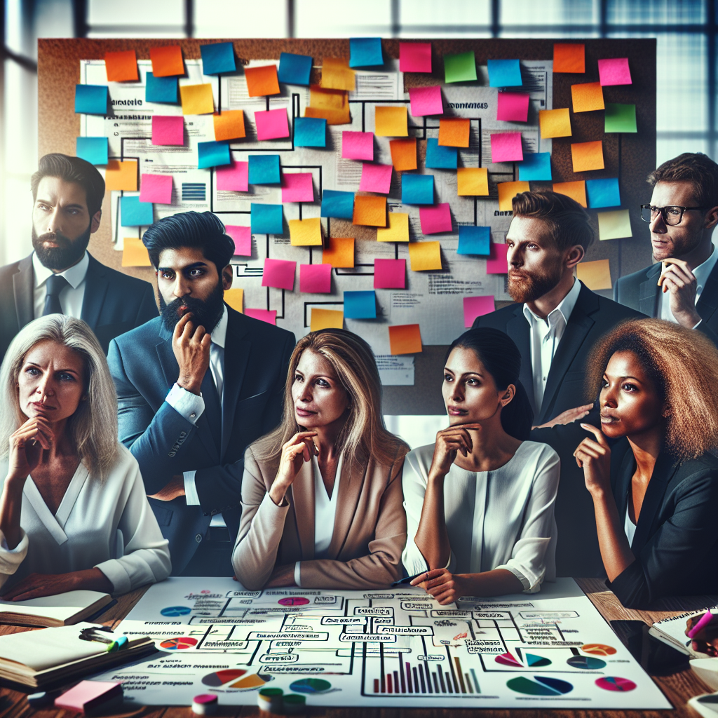 A diverse group of business leaders brainstorming solutions on a whiteboard filled with colorful sticky notes