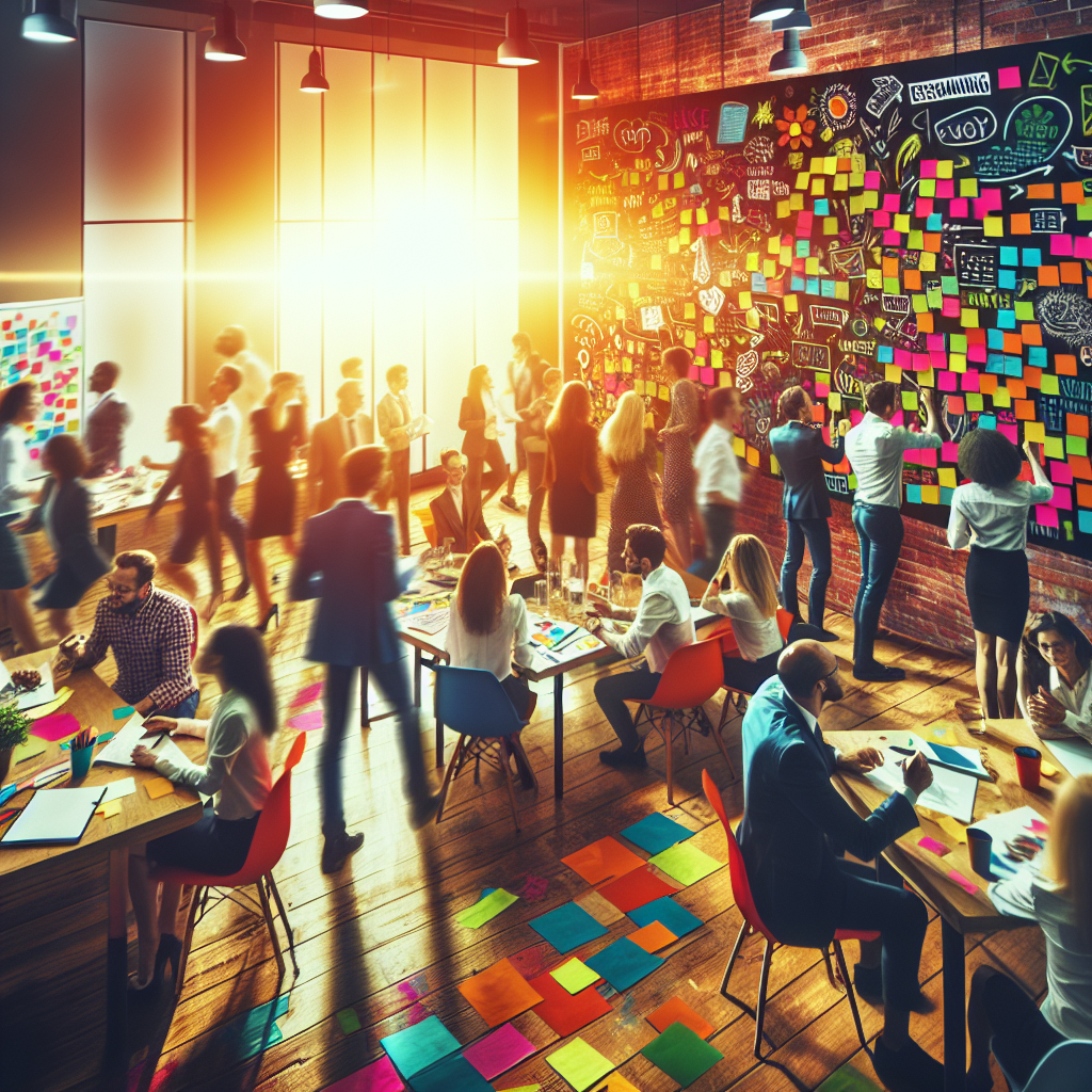A vibrant workshop scene where leaders are engaged in brainstorming sessions with colorful visuals and sticky notes