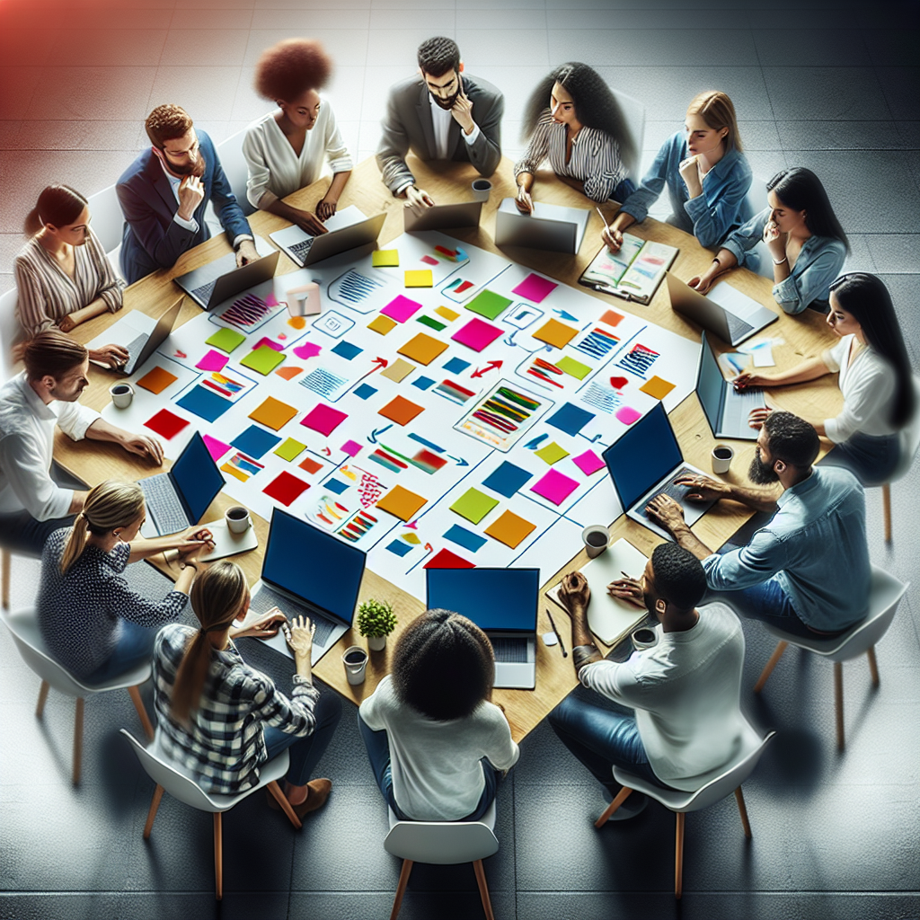 A vibrant brainstorming session with diverse team members collaborating around a large table filled with colorful sticky notes and laptops