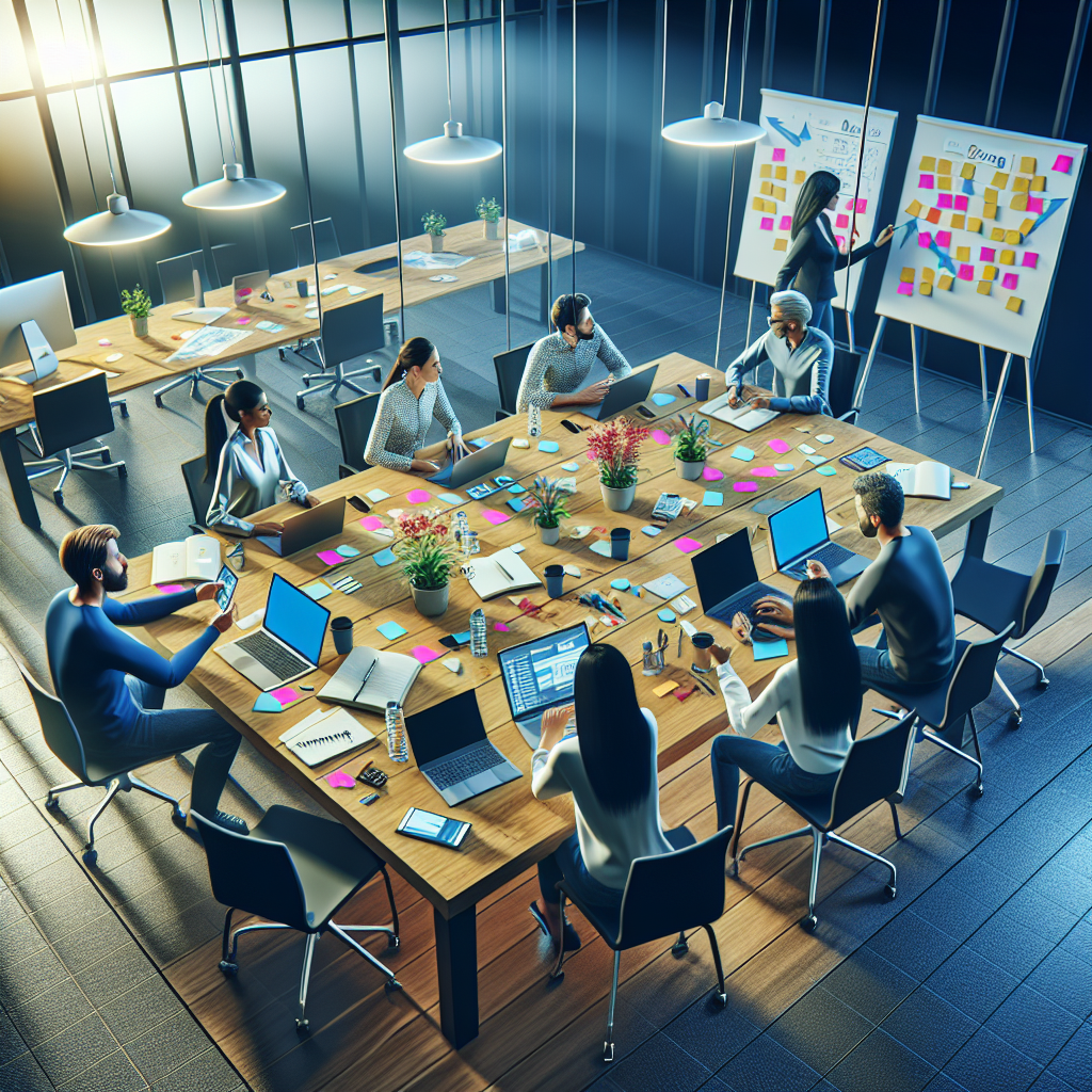 A diverse team engaged in an Agile sprint planning session with sticky notes and digital tools around them