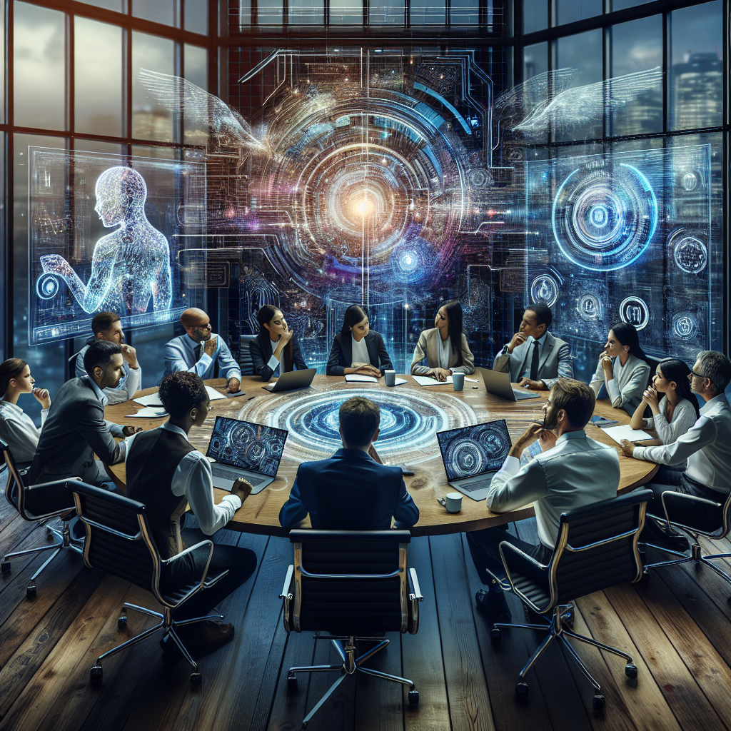 A corporate team brainstorming around a table with AI technology visuals on screens
