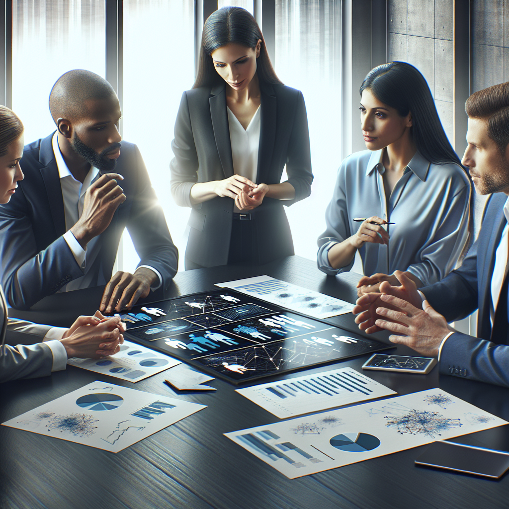 A corporate team discussing ethical considerations around AI implementation with charts and graphs