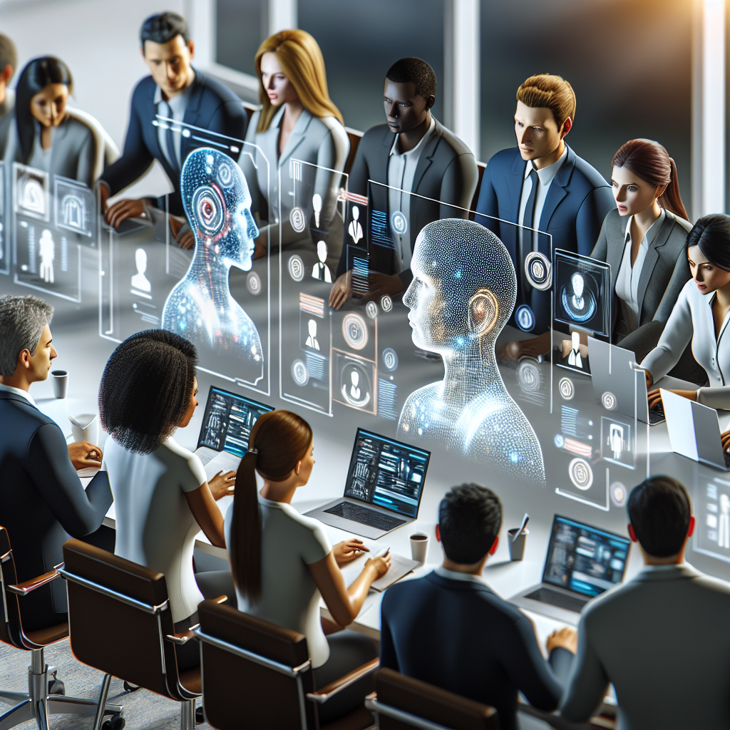 A diverse corporate team engaged in an interactive AI training session with digital interfaces