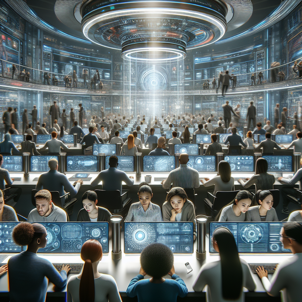A futuristic corporate setting showcasing diverse teams collaborating on advanced AI projects with digital interfaces