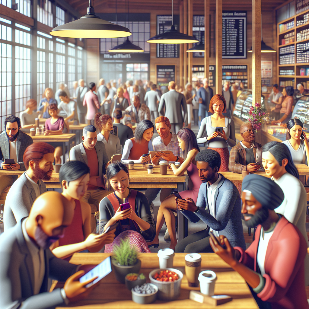 A vibrant local shop with customers engaging with promotional emails on their phones