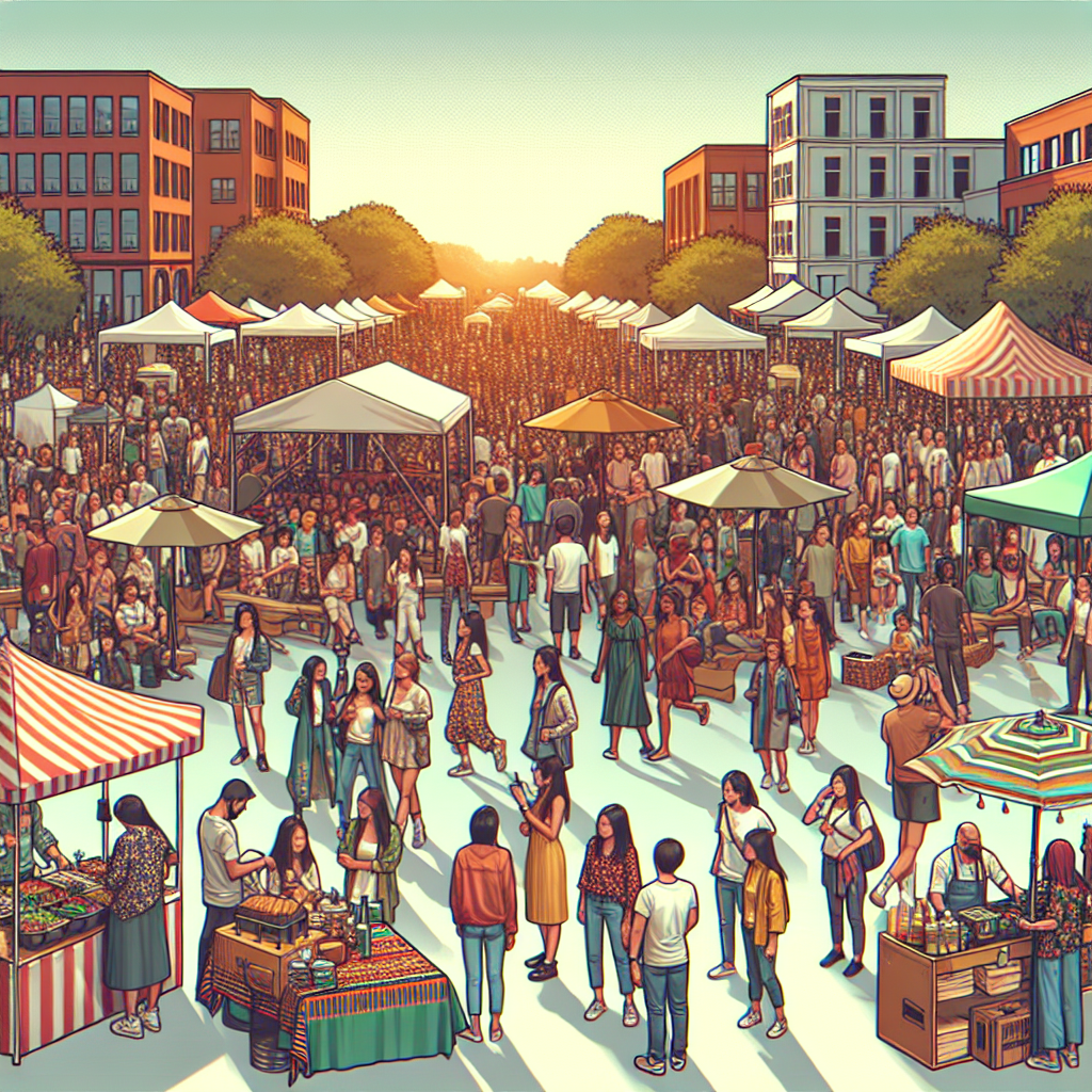 A vibrant local community event with people interacting and enjoying themselves, showcasing small businesses in action